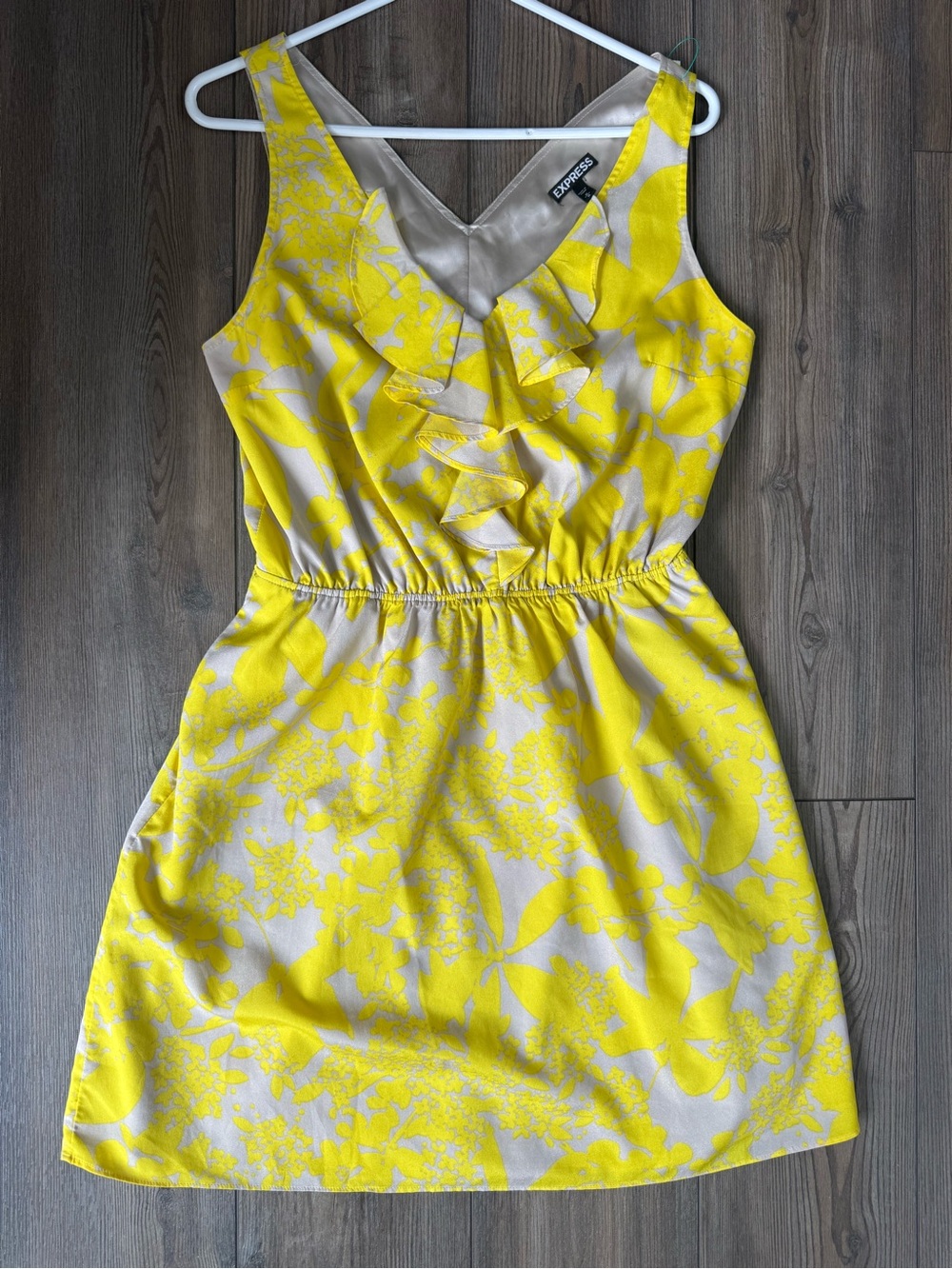 Express Women’s Yellow Floral Ruffle Dress with Silver Gray Accents